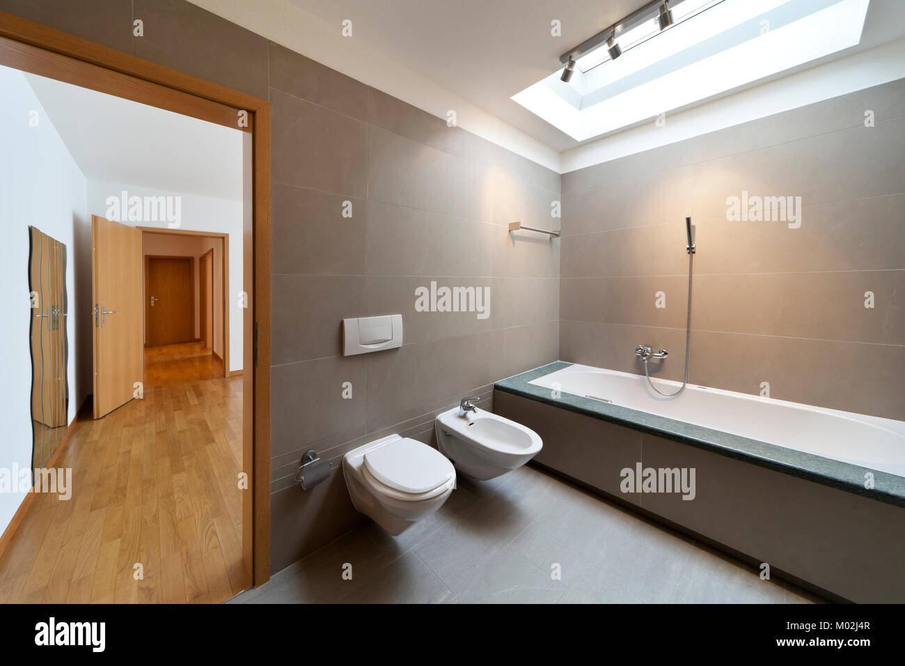 Schöne Wohnung, Innenausstattung, Badezimmer, Tür öffnen Stockfoto