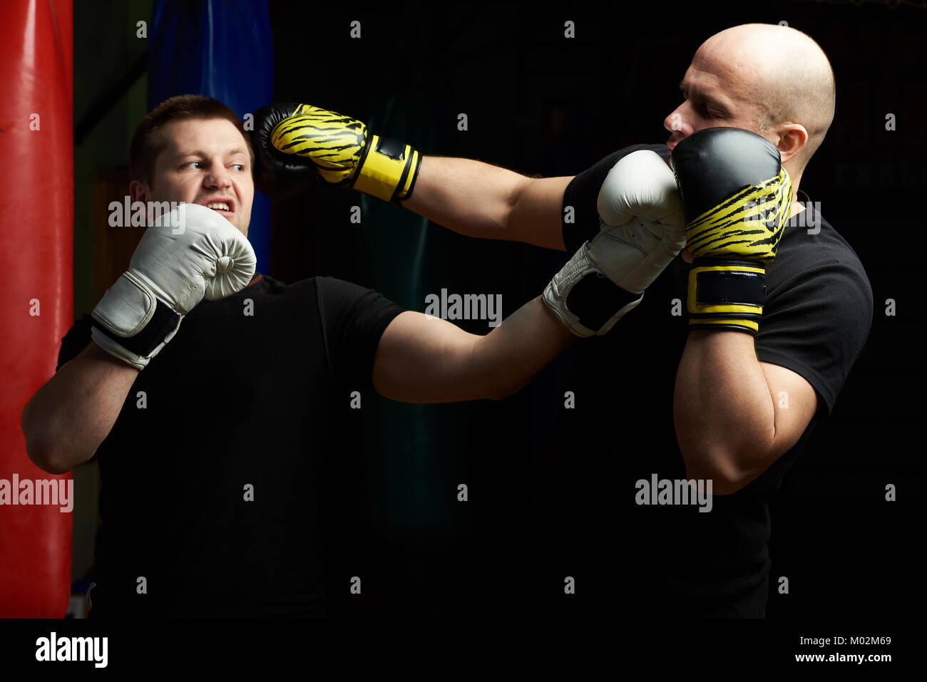 Boxtraining Kampf der beiden männlichen Kaukasier drinnen in der Turnhalle Stockfoto