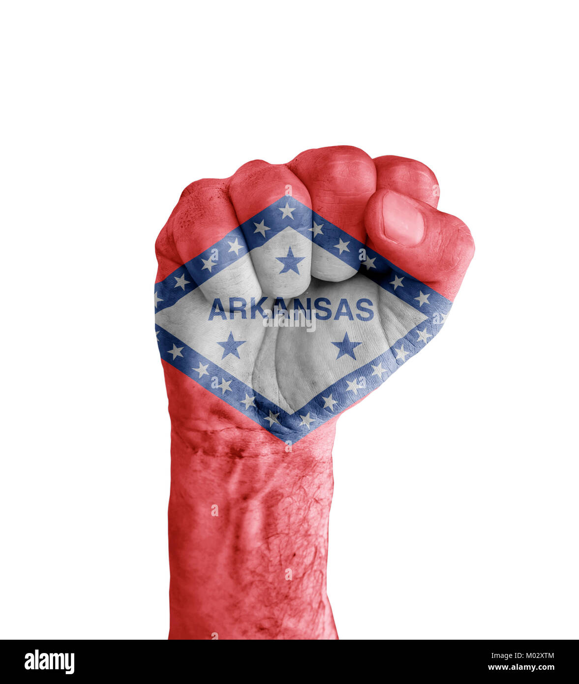 Flagge der USA Arkansas State auf die menschliche Faust wie Sieg Symbol lackiert Stockfoto