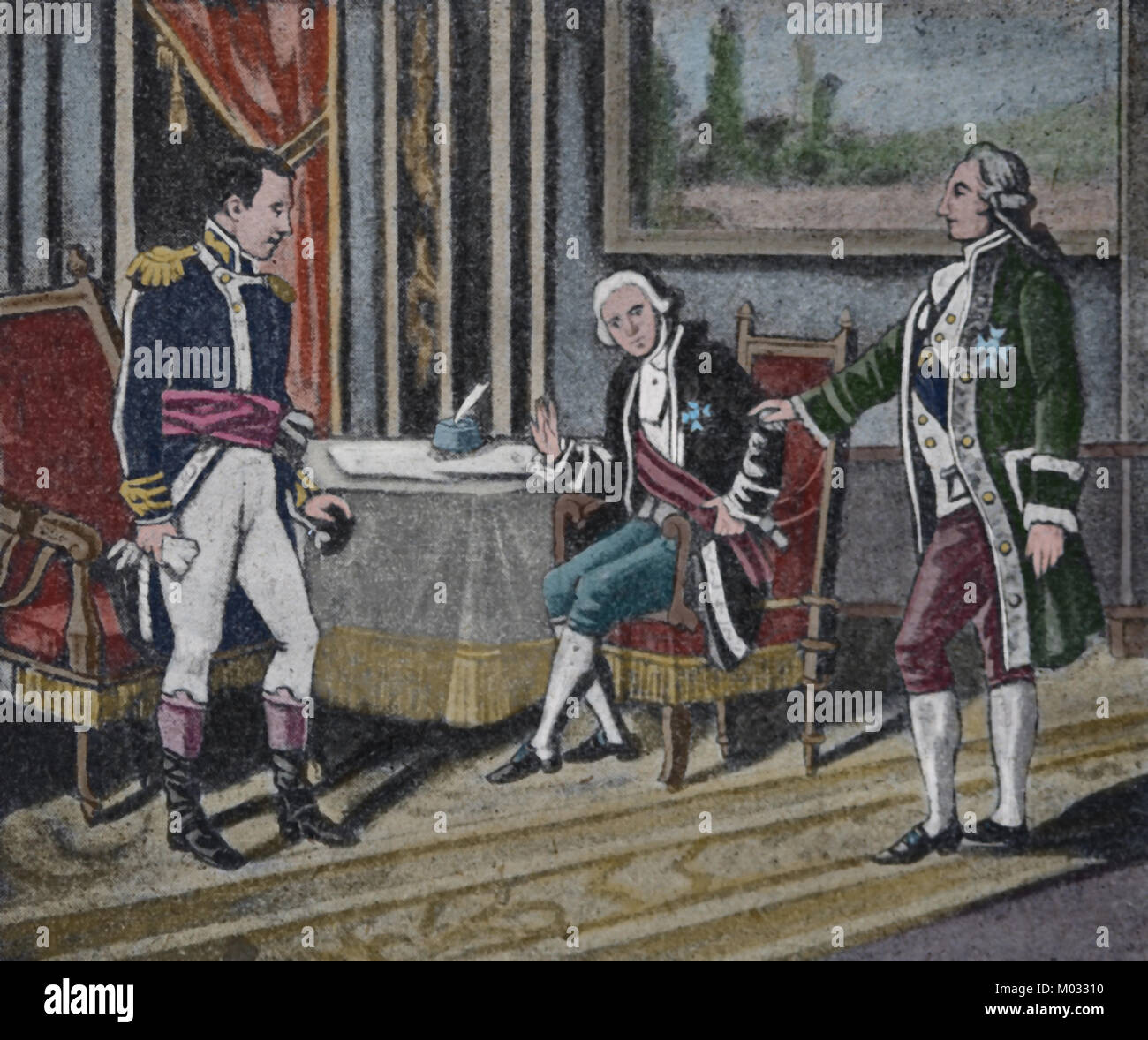 Liebe Kolleginnen und Kollegen der spanischen Königsfamilie, Bayonne, Frankreich. 1808. Napoleon, Ferdinand VII. und Karl IV. Stockfoto