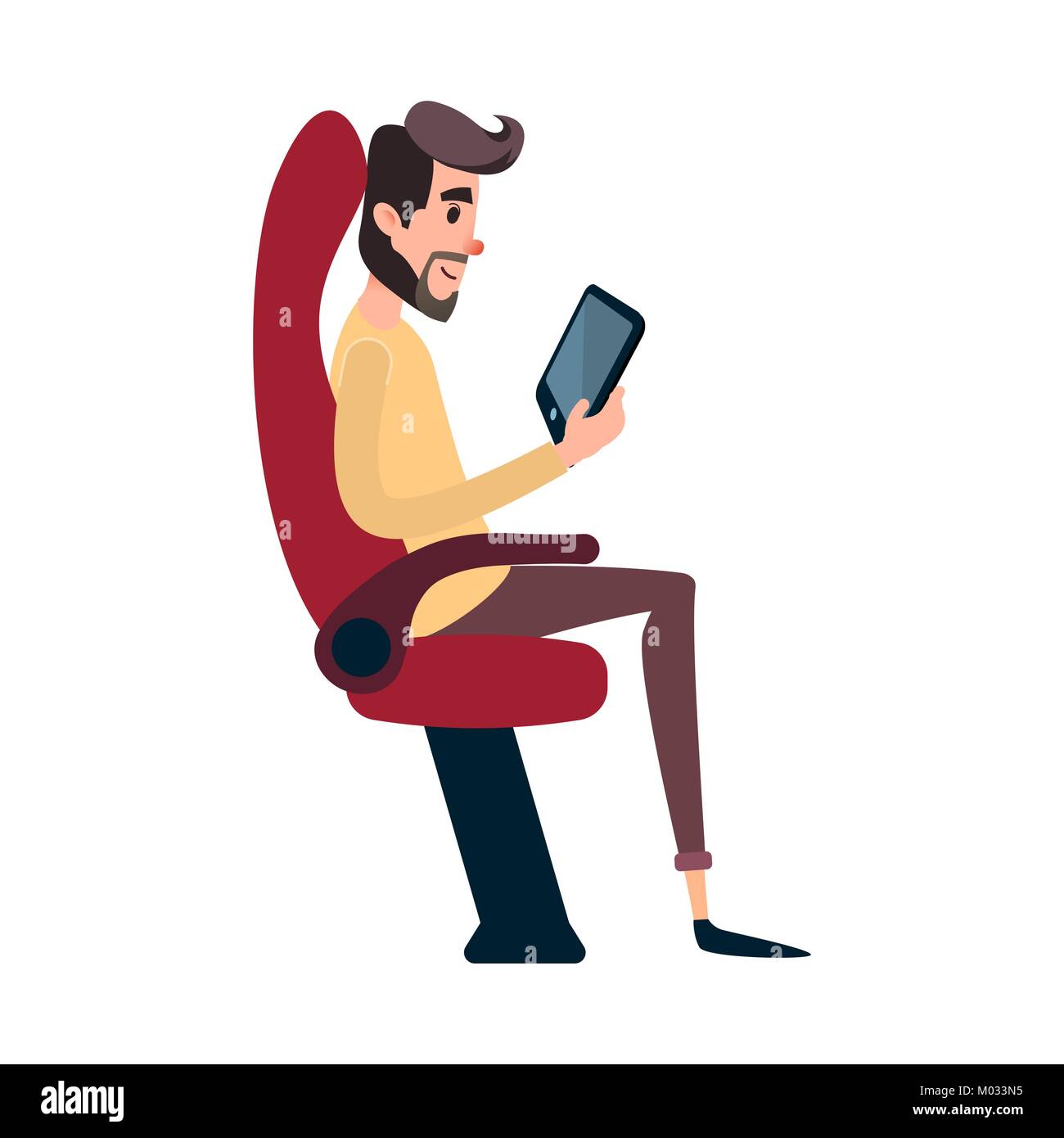 Ein Mann ist ein Passagier im Bus oder Flugzeug. Ein junger Mann sitzt im Flugzeug s Stuhl und schaut sich die Tablette. Der bus Sitz ist durch die Lektüre Mann besetzt. Stock Vektor