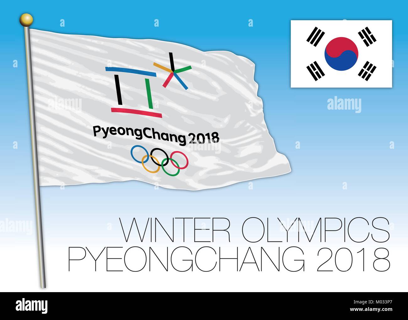 PYEONGCHANG, SÜDKOREA, Februar 2018, Olympische Winterspiele 2018 Pyeongchang Flagge, Südkorea Stock Vektor