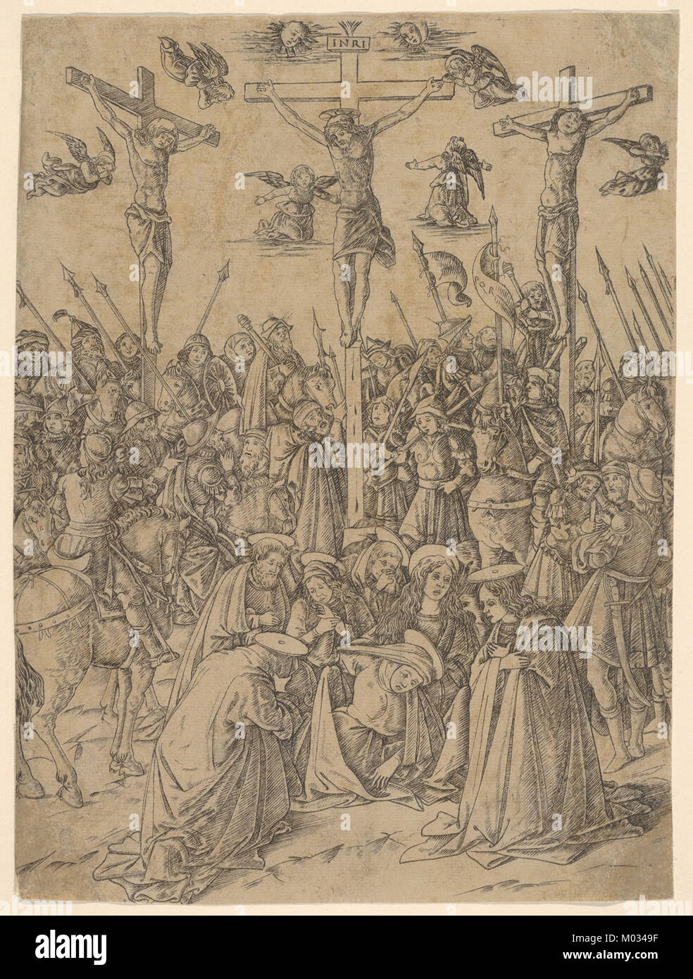 Dieses Kunstwerk mit dem Titel *Calvary*, Teil der Serie *Leben der Jungfrau und Christi*, ist eine religiöse Darstellung im Metropolitan Museum of Art Es fängt die Kreuzigungsszene in einem historischen und dramatischen Stil ein. Stockfoto