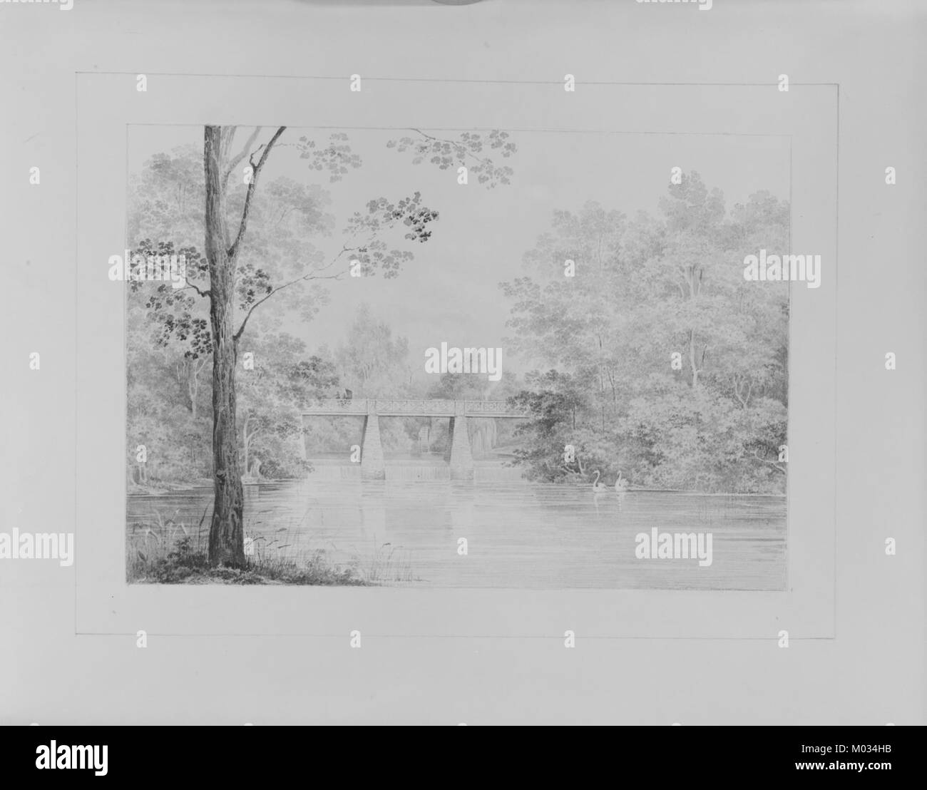 Die Brücke über den Crumelbow Creek auf dem David Hosack Estate im Hyde Park, New York, ist ein ikonisches Bauwerk auf dem historischen Gelände der estateâ. Es ist im Hosack-Album dokumentiert. Stockfoto