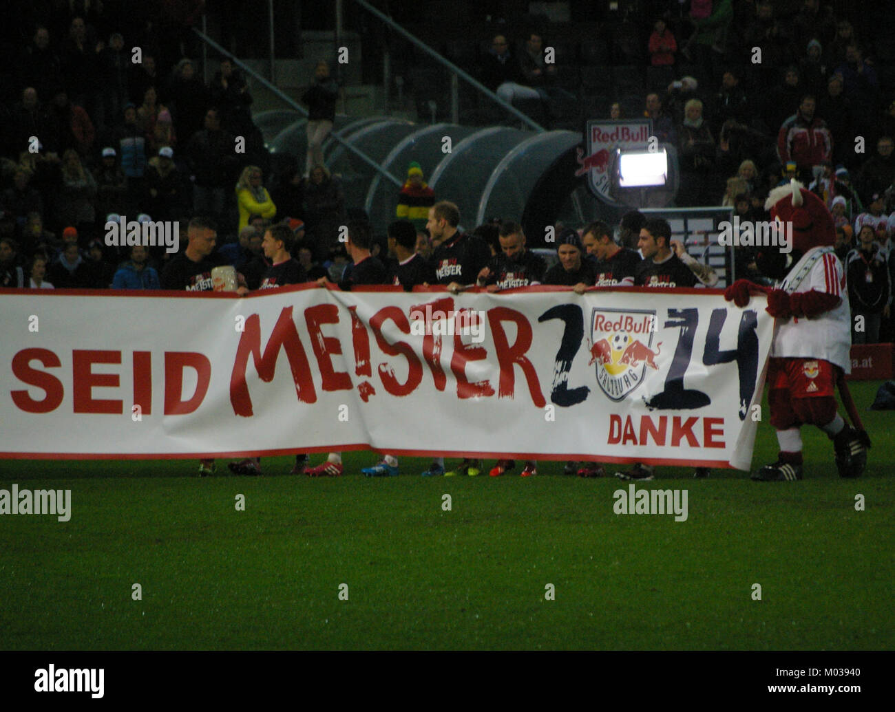 Dieses Bild zeigt einen Moment aus einem Bundesliga-Spiel zwischen dem FC Red Bull Salzburg und dem SC Wiener Neustadt. Die Teams, die den österreichischen Spitzenfußball repräsentieren, treten in einem rasanten Spiel an, bei dem qualifizierte Athleten und Teamstrategien vorgestellt werden. Stockfoto