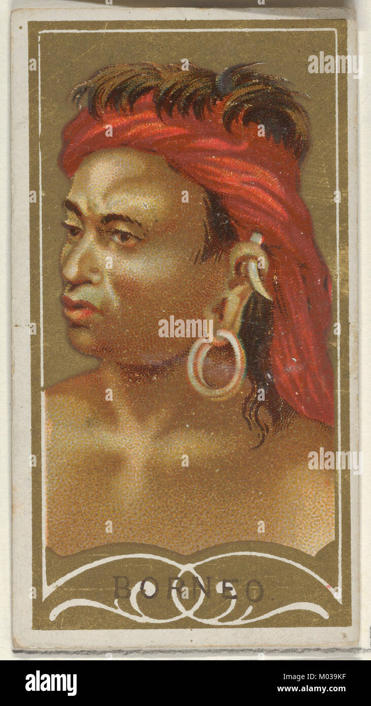 Diese Karte aus der Serie *Types of All Nations* (N24), produziert von Allen & Ginter Cigarettes, zeigt ein Bild von Borneo. Die Serie, die im späten 19. Jahrhundert populär war, stellte verschiedene ethnische Gruppen und Regionen auf der ganzen Welt dar. Die Borneo-Karte zeigt die kulturelle und geografische Vielfalt der Insel. Stockfoto