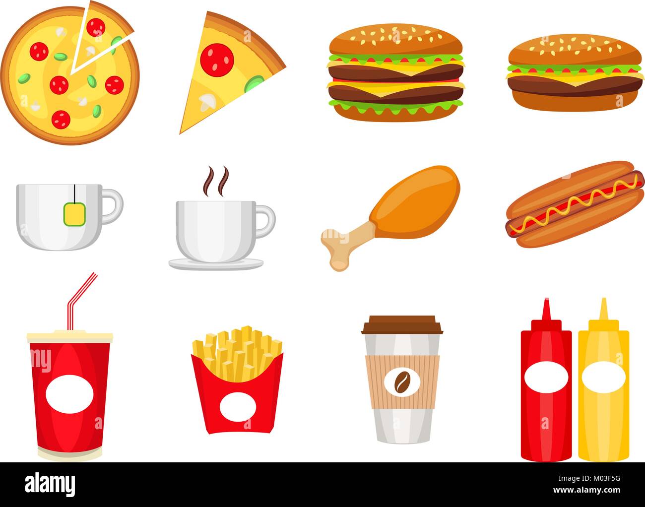 Junk Food bunte Logo Sammlung auf weißem Hintergrund Poster isoliert. Stock Vektor