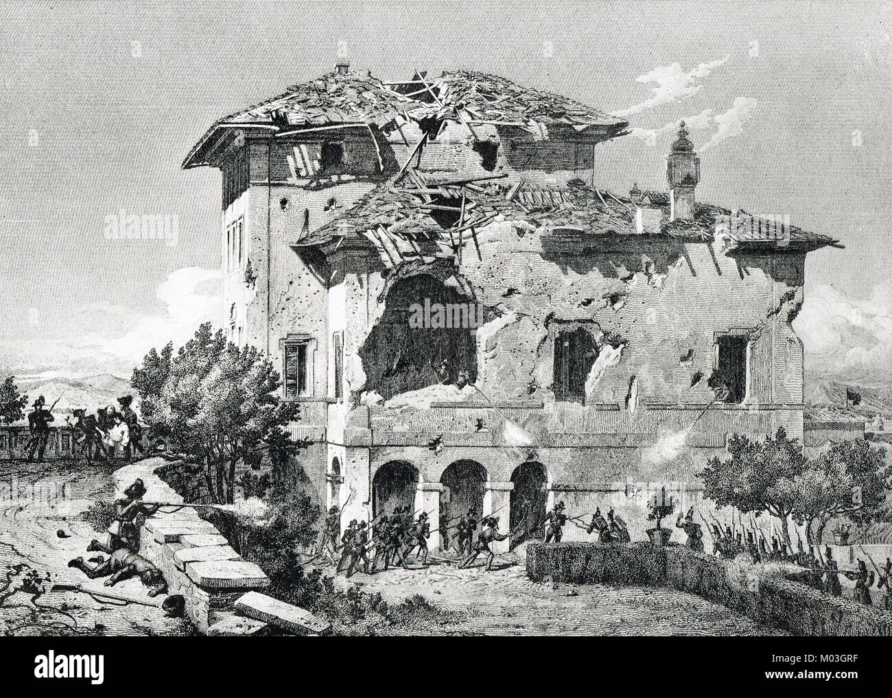 Villa Spada, Italien, von der Bersaglieri von Luciano Manara, 30. Juni 1849 verteidigt. Stockfoto