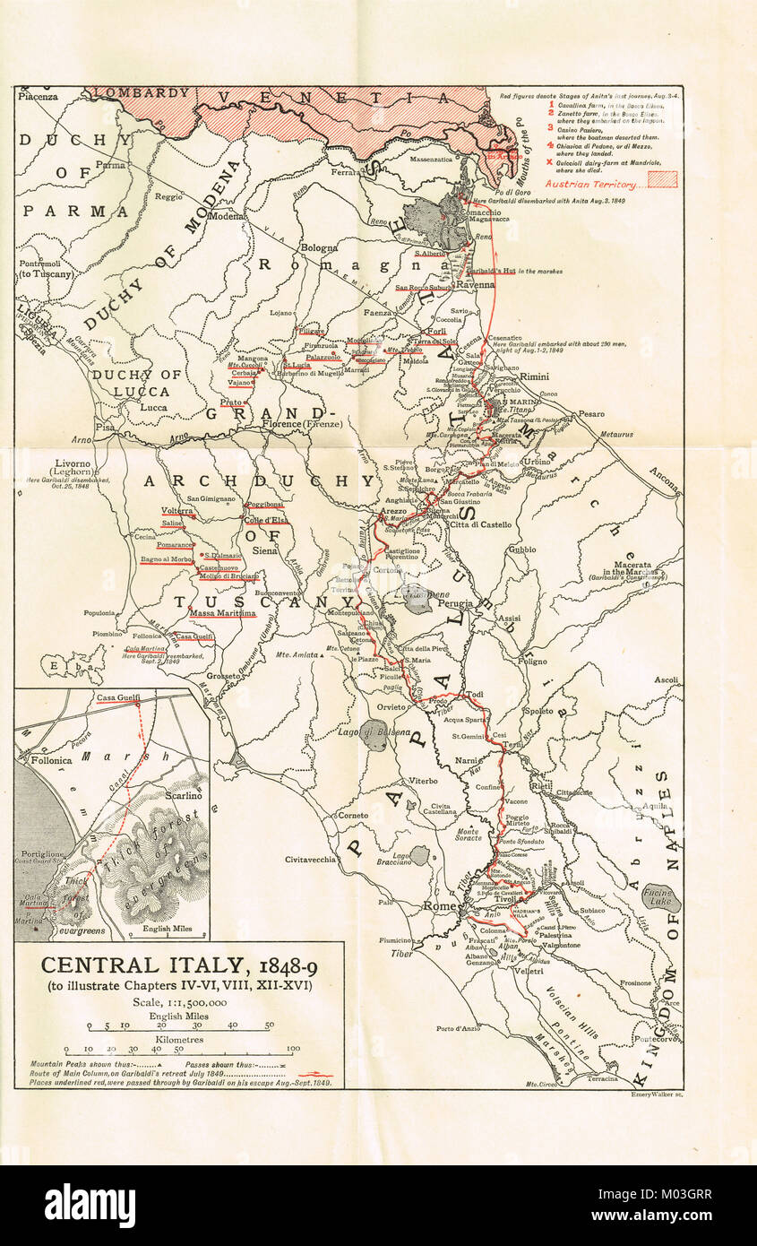 Vor der Wiedervereinigung Karte von Italien 1848/49, mit Garibaldi's Retreat von Rom Stockfoto