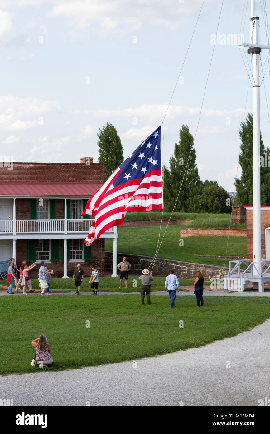 Die 15 Sterne, 15 - der Streifen Teer - Spangled Banner" im Fort McHenry, Baltimore, Maryland, Vereinigte Staaten sinken. Stockfoto