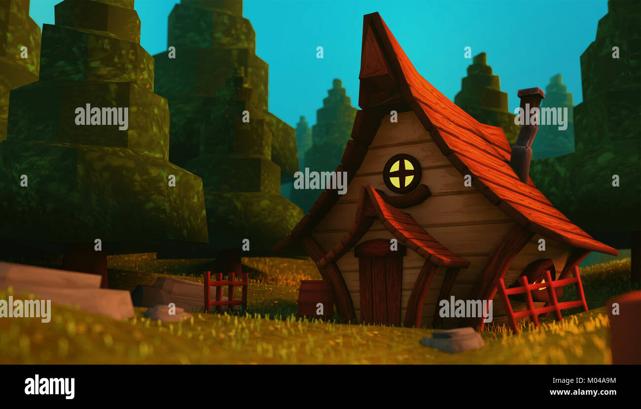 Eine niedliche kleine braune Fantasy Forest Hütte/Haus in einem Wald mit einem blauen Himmel - 3D-Darstellung Stockfoto