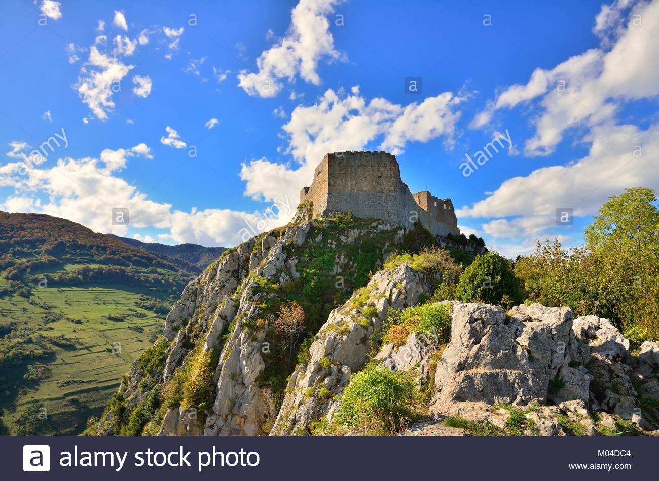 Aerial View Montsegur Castle Ariege Stockfotos & Aerial View Montsegur