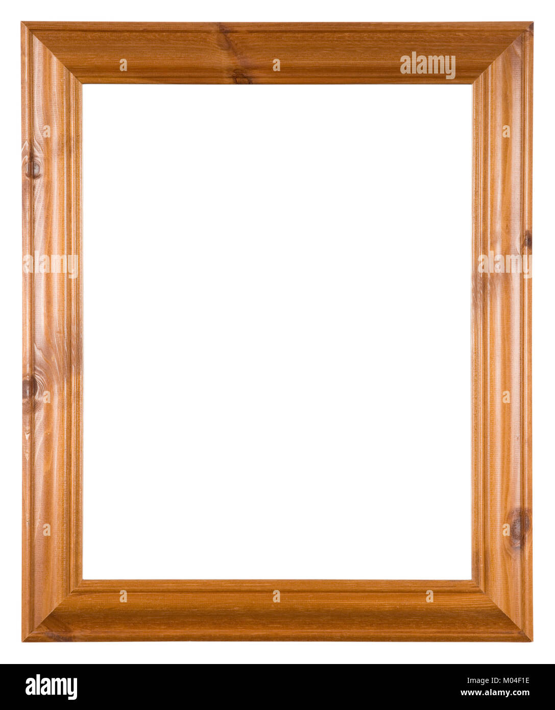 Leeres Bild Rahmen isoliert auf Weiss, Hochformat in lackiert Knotty Pine Wood Stockfoto