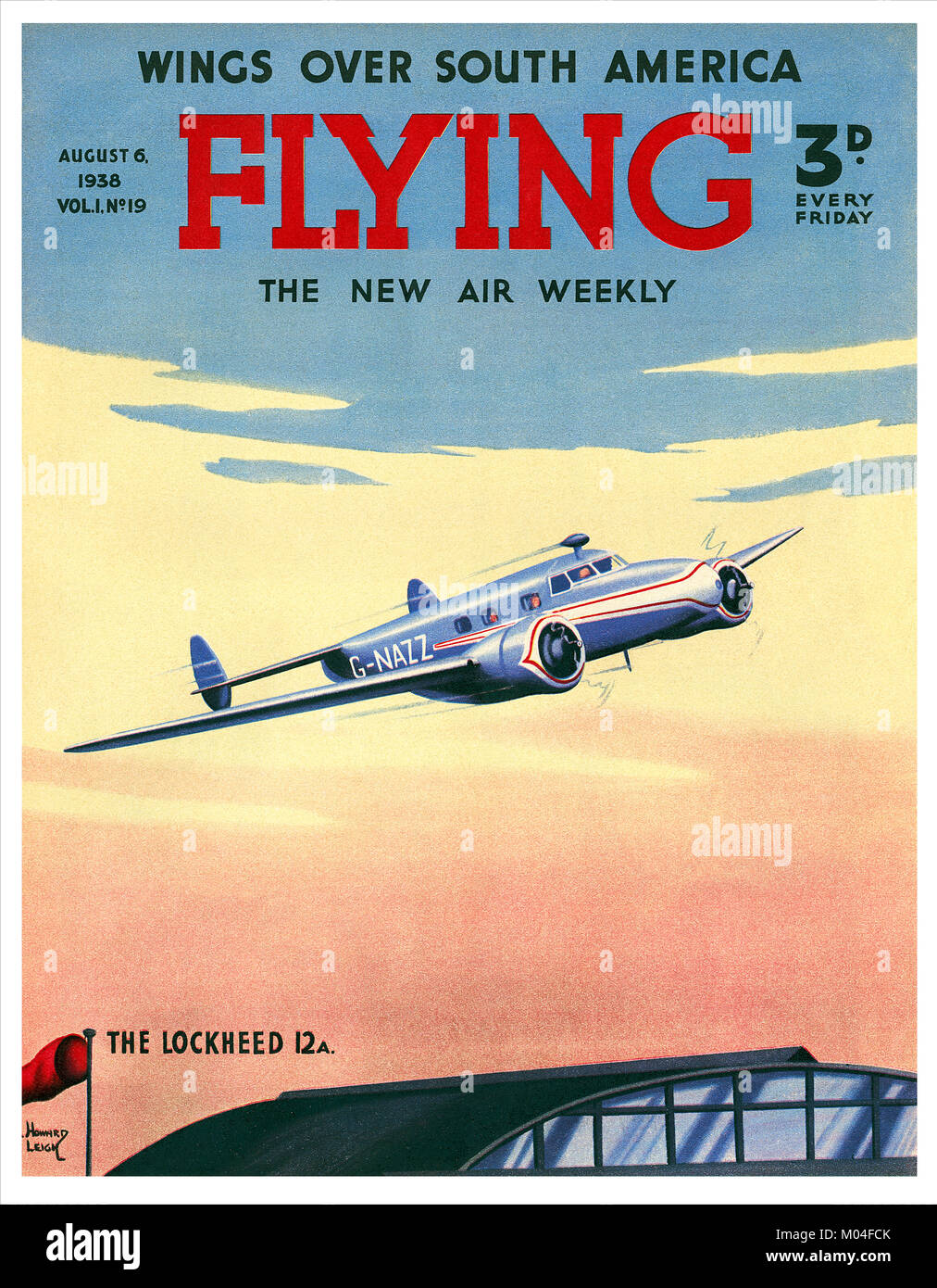 Abdeckung an der Vorderseite von Vintage Magazin Fliegen für 6. August 1938. Abbildung einer Lockheed 12 ein Flugzeug von Howard Leigh. Stockfoto