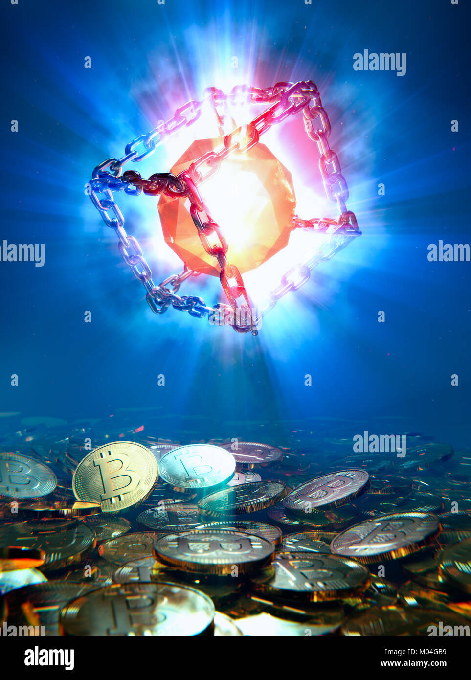 Blockchain Bitcoin Technologie Zelle über Münzen, Atom von Informationen Stockfoto