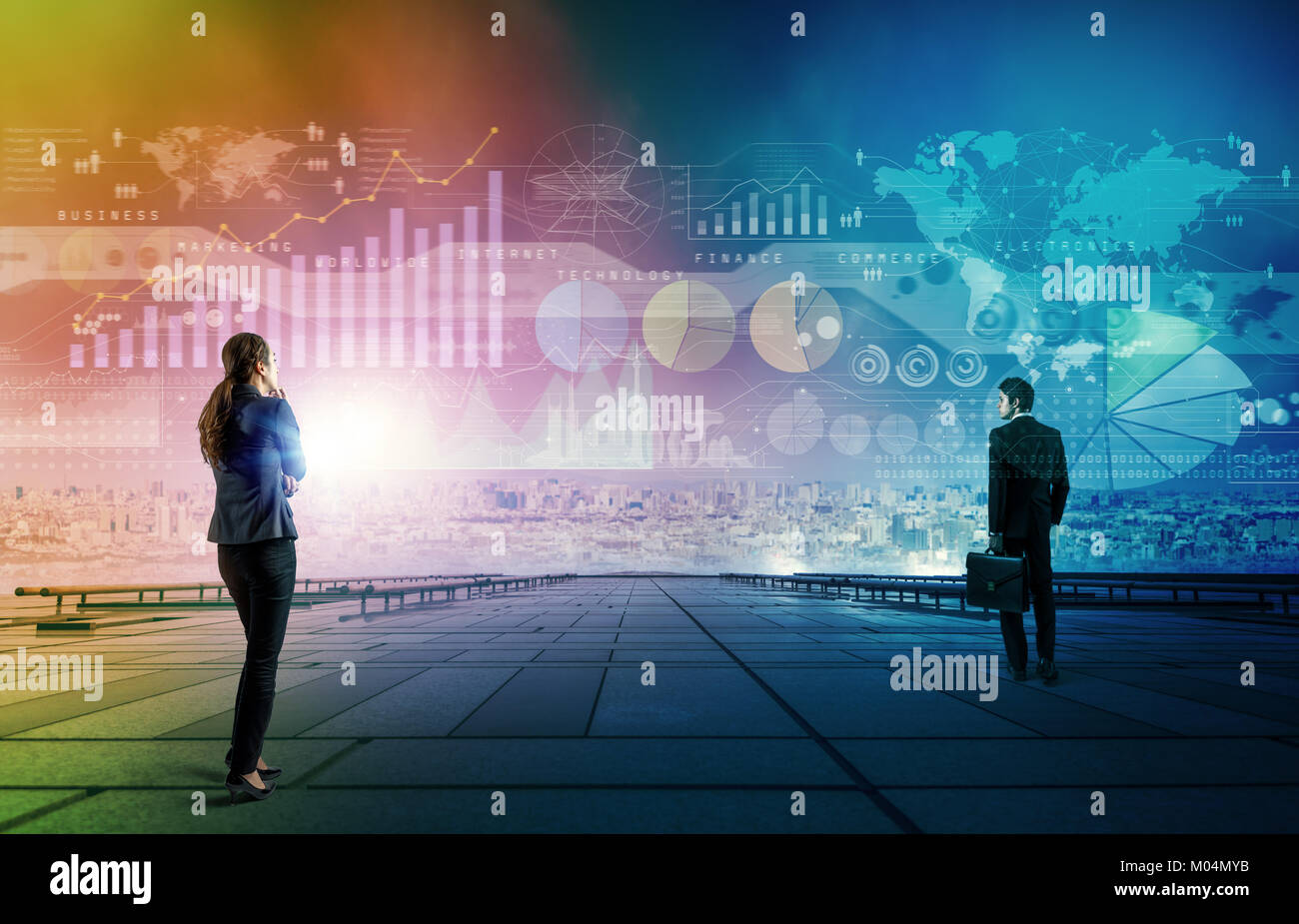 Kaufmann und Kauffrau im Business Informationen. abstract mixed Media. Stockfoto