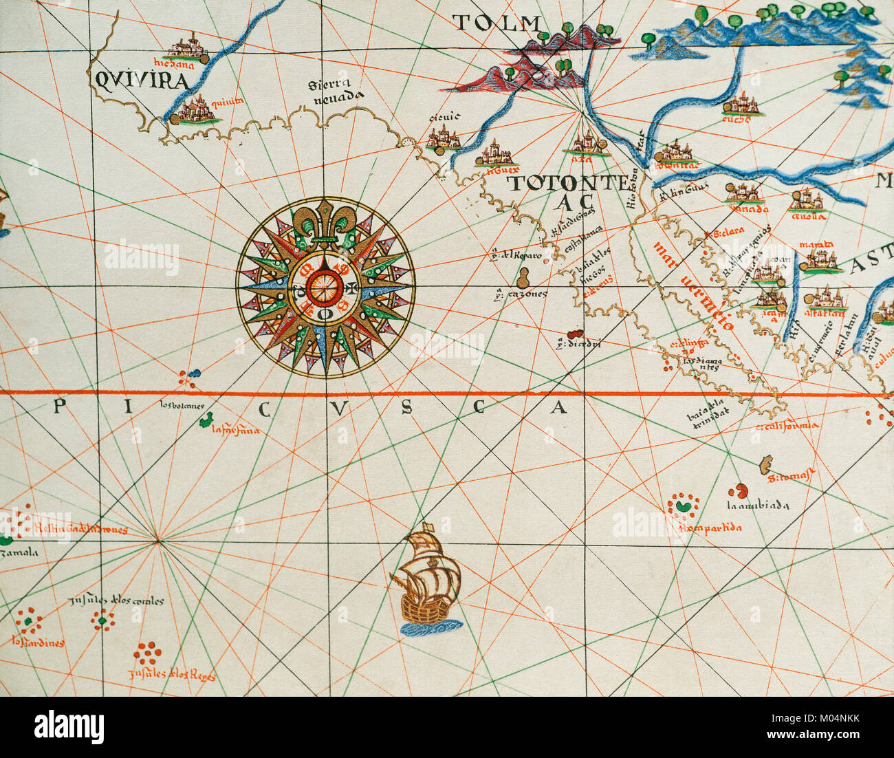 Küste von hohen und niedrigen Kalifornien und Windrose. Seekarte. Atlas der Joan Martines, 1587. An Philip II. Mallorquinische Schule. Stockfoto