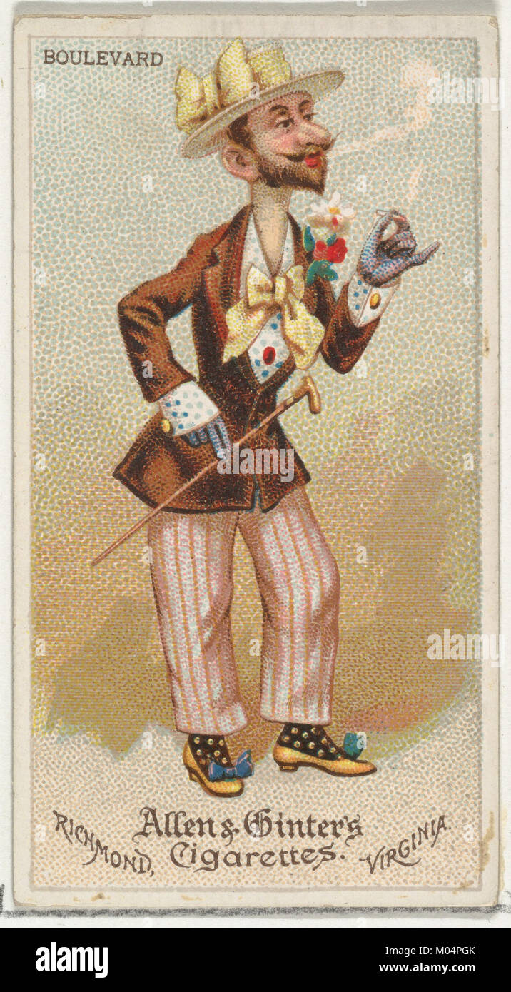 Eine Zigarettenkarte aus der worldâ-Dudes-Serie (N31) von Allen & Ginter, die eine Boulevardszene darstellt. Diese Sammlerkarte zeigt eine Darstellung einer Straßenszene, die den kulturellen und historischen Aspekt der Zeit betont. Die Karte ist Teil einer Serie, die Allen & Ginter für ihre Zigarettenverpackungen produziert hat und spiegelt Designs und Trends in der Zigarettenwerbung des frühen 20. Jahrhunderts wider. Stockfoto