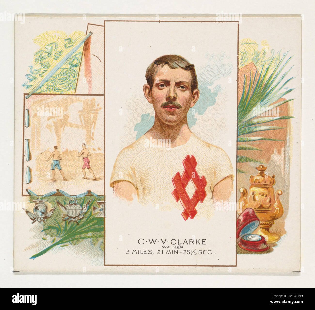Eine Tauschkarte der World's Champions, Second Series, mit C.W.V. Clarke und Walker, produziert von Allen & Ginter Cigarettes, die frühe Sporterinnerungsstücke einfängt. Stockfoto