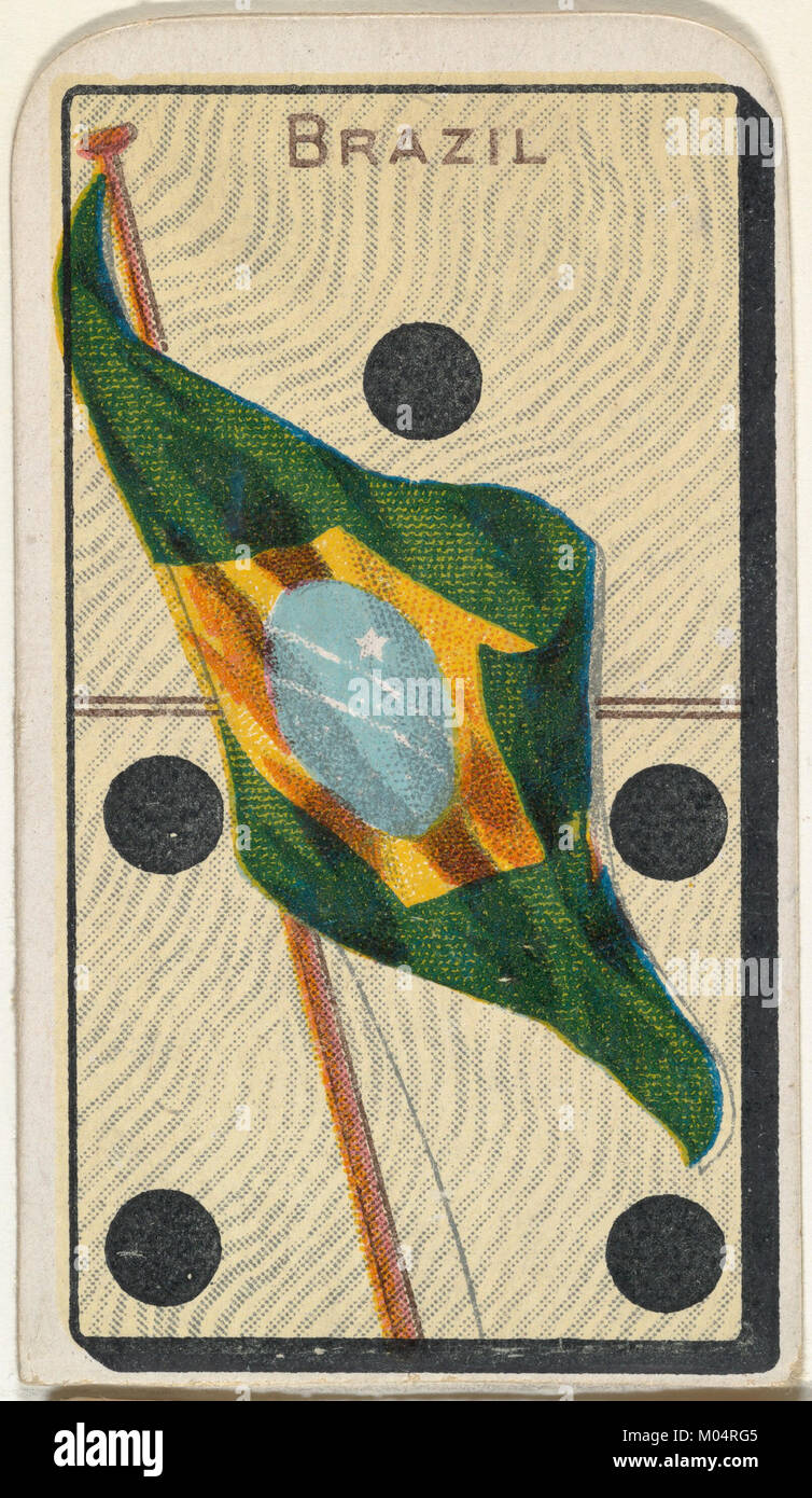 Brasilien ist eine Karte aus der National Flag on Domino-Serie (T177), die Kinney Brothers im frühen 20. Jahrhundert zur Förderung von Sweet Caporal Zigaretten herausgegeben hat. Die Karte zeigt ein Bild der brasilianischen Nationalflagge und war Teil einer Werbekampagne, die Zigarettenmarken mit Sammlerstücken verband. Stockfoto