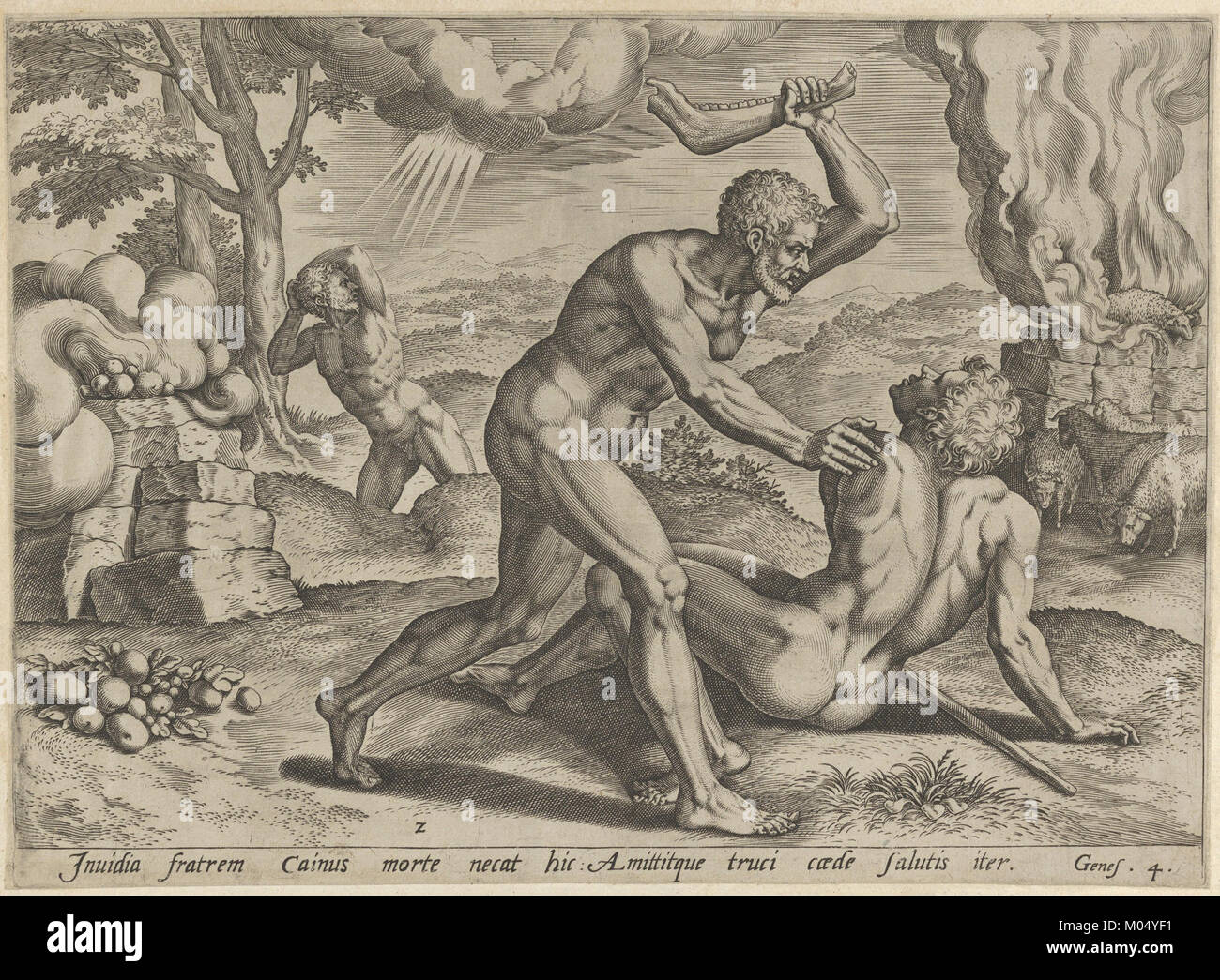 Dieses Bild zeigt eine Szene aus der biblischen Geschichte von Kain und Abel, die den Moment zeigt, in dem Kain Abel ermordet hat. Das Kunstwerk veranschaulicht das tragische Ereignis aus dem Alten Testament und fängt einen Schlüsselmoment in der Geschichte ein. Stockfoto