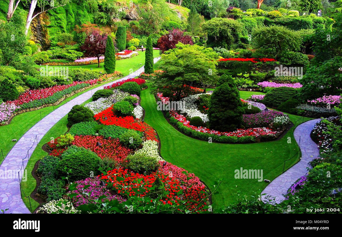 Butchart Gardens, ein berühmter Garten in Vancouver, Kanada, bekannt für seine wunderschönen Landschaften, Blumendekorationen und historische Bedeutung. Stockfoto