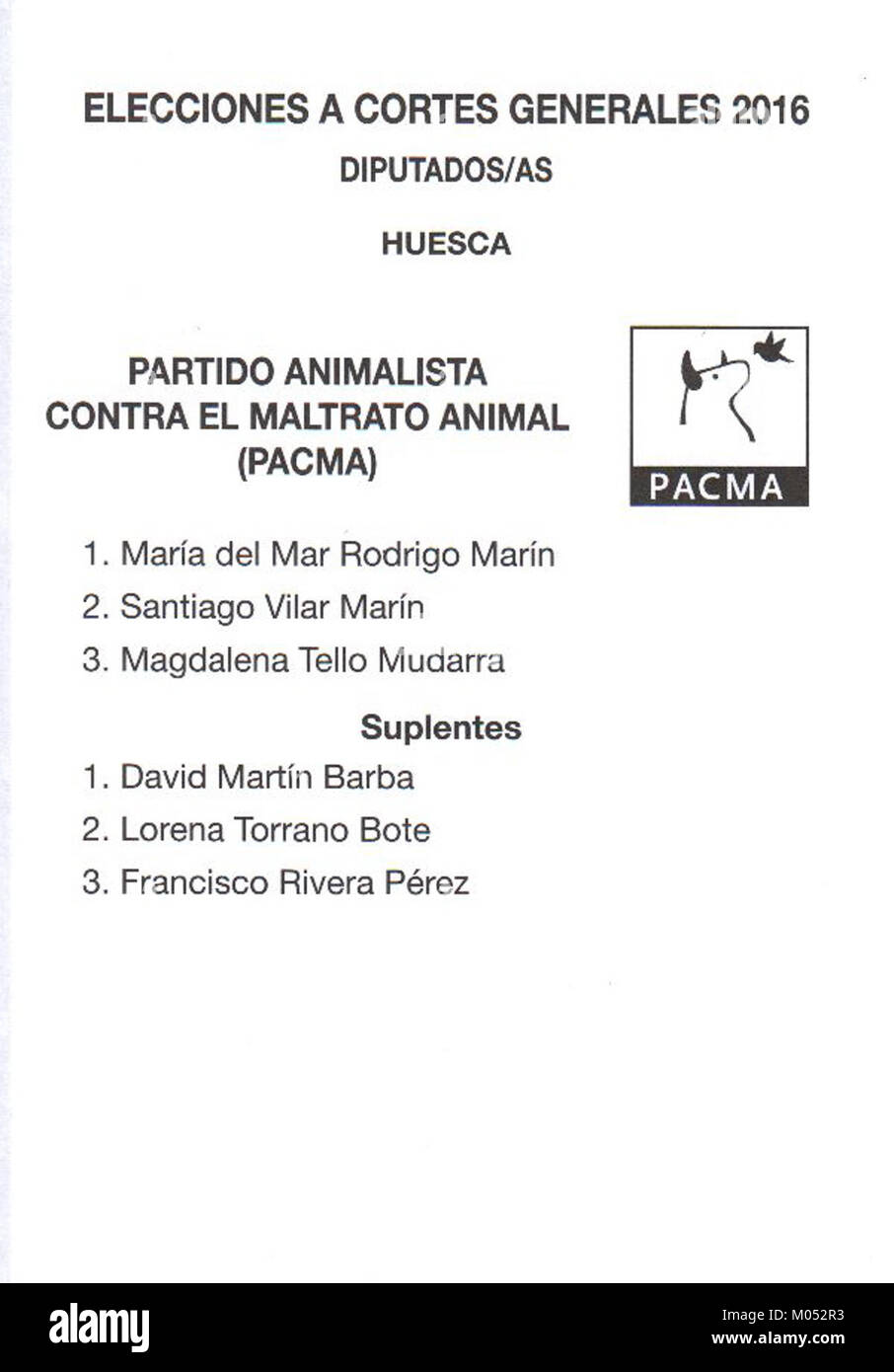 Die PACMA (Animalist Party Against Animal Misshandlung) ist eine spanische politische Partei, die sich für die Rechte und das Wohlergehen von Tieren einsetzt. Stockfoto