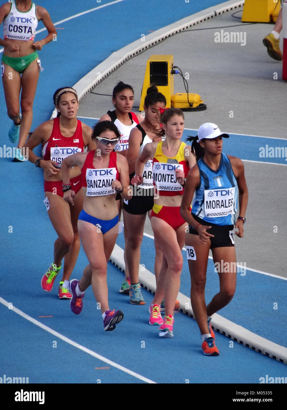 Bei der IAAF U20-Weltmeisterschaft 2016 in Bydgoszcz wurde am 19. Juli der 10.000-m-Lauf der Frauen gezeigt, bei dem die besten jungen Athleten beim Race Walking vorgestellt wurden. Stockfoto