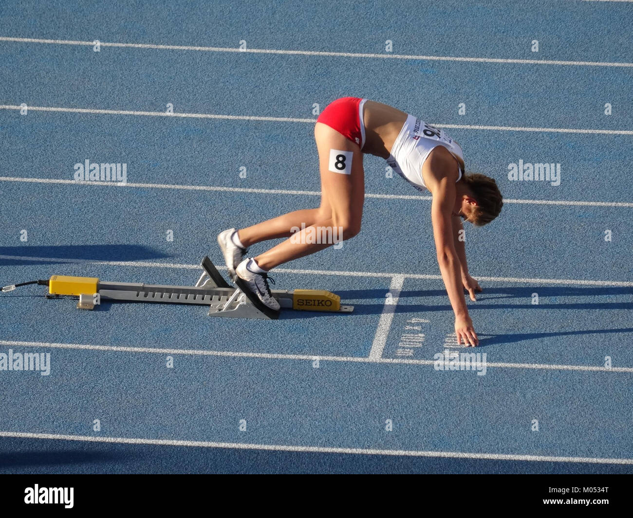 Die 400 Millionen Frauen-Qualifikation bei der IAAF U20-Weltmeisterschaft 2016 in Bydgoszcz fand am 19. Juli 2016 statt. Es waren Spitzensportler, die an einem rasanten Rennen teilnahmen, das Teil des globalen Events war, bei dem junge Talente in der Leichtathletik vorgestellt wurden. Stockfoto