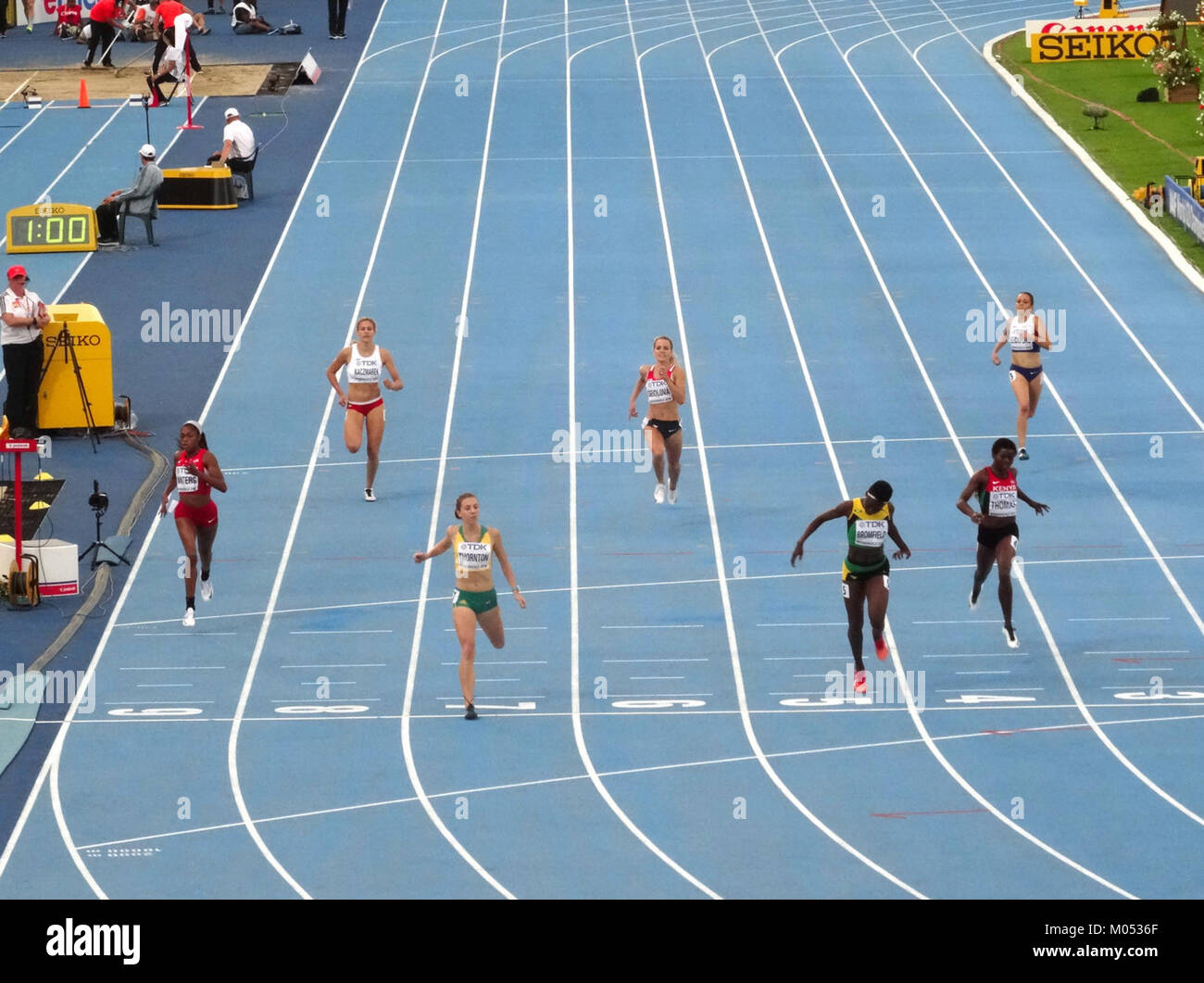 Das 400 m lange womenâ Halbfinale bei der IAAF U20-Weltmeisterschaft 2016 in Bydgoszcz war ein Wettkampf-Event im Leichtathletik-Kalender, bei dem die Talente der jungen Athleten im Leichtathletik-Bereich unter Beweis gestellt wurden. Diese Veranstaltung war Teil der weltweiten Meisterschaftsserie. Stockfoto