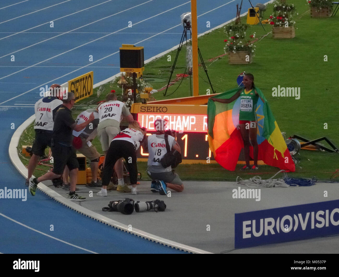 Bei der IAAF U20-Weltmeisterschaft 2016 in Bydgoszcz, Polen, wurde das 3000-m-Finale der Frauen gezeigt, bei dem die besten jungen Athleten im Leichtathletik- und Leichtathletik-Bereich vorgestellt wurden. Diese Veranstaltung war ein wichtiger Meilenstein für die Entwicklung der internationalen Jugendathletik. Stockfoto