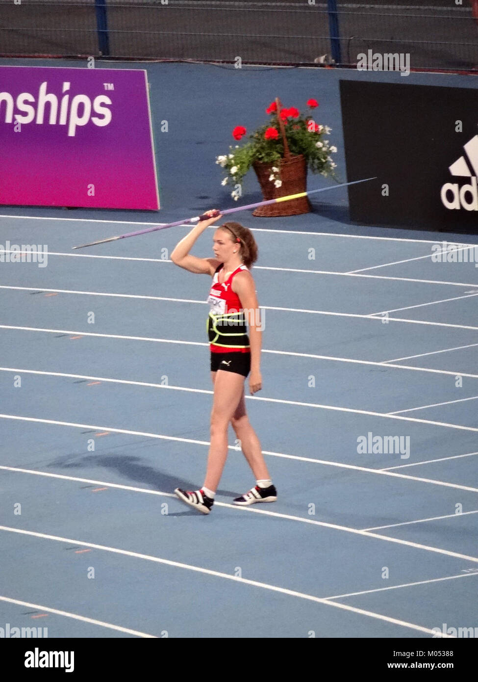 Bei den IAAF U20-Weltmeisterschaften 2016 in Bydgoszcz fand am 20. Juli 2016 das Speerwurf-Finale der Frauen statt, bei dem Spitzensportler auf globaler Ebene auf Leichtathletik und Feld antreten. Stockfoto