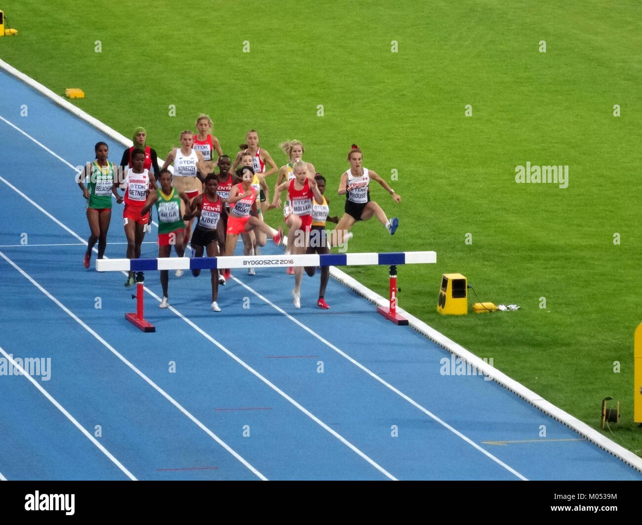 Ein wichtiger Moment der IAAF-U20-Weltmeisterschaft 2016 in Bydgoszcz, Polen, bei der das 3000-m-Turnierendspiel der Frauen gezeigt wurde. Dieses Rennen war ein bedeutendes Ereignis in der Leichtathletik, das die sportlichen Fähigkeiten junger Frauen im internationalen Wettkampf unterstrich. Stockfoto
