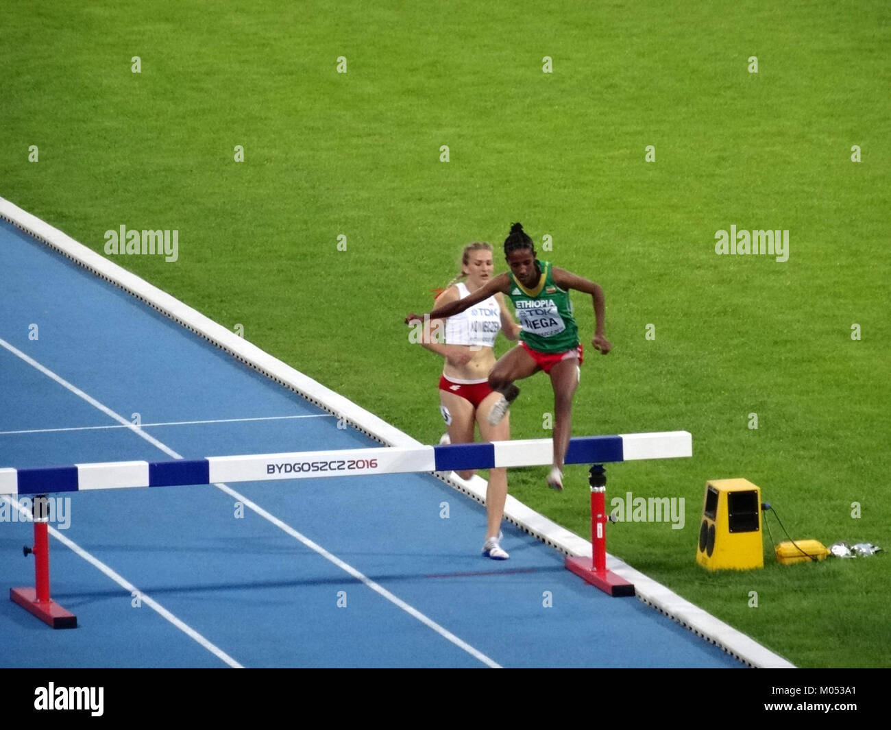 Das 3000-m-Turmfinale der Frauen bei der IAAF U20-Weltmeisterschaft 2016 in Bydgoszcz, Polen, zeigte junge Spitzensportler, die an einem äußerst anspruchsvollen Event teilnahmen. Das Rennen war geprägt von sportlicher Leistung auf höchstem Niveau. Stockfoto