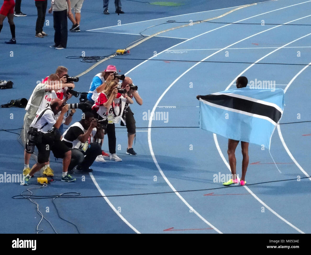 Bei den IAAF U20-Weltmeisterschaften 2016 in Bydgoszcz wurde das 400-m-Finale der menâ gezeigt, in dem internationale Leichtathletik und junge Talente in einem renommierten globalen Sportereignis gezeigt wurden. Stockfoto