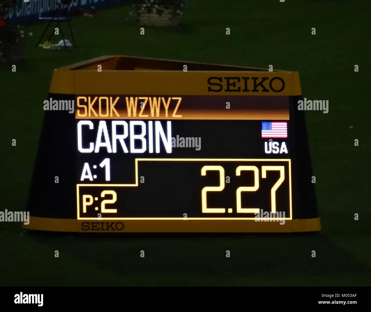 Bei den U20-Weltmeisterschaften 2016 in Bydgoszcz fand am 22. Juli 2016 das High-Jump-Finale der Männer statt. Bei dieser Veranstaltung traten junge Spitzensportler auf internationaler Ebene um Medaillen auf Leichtathletik-und Feldarbeit an. Stockfoto