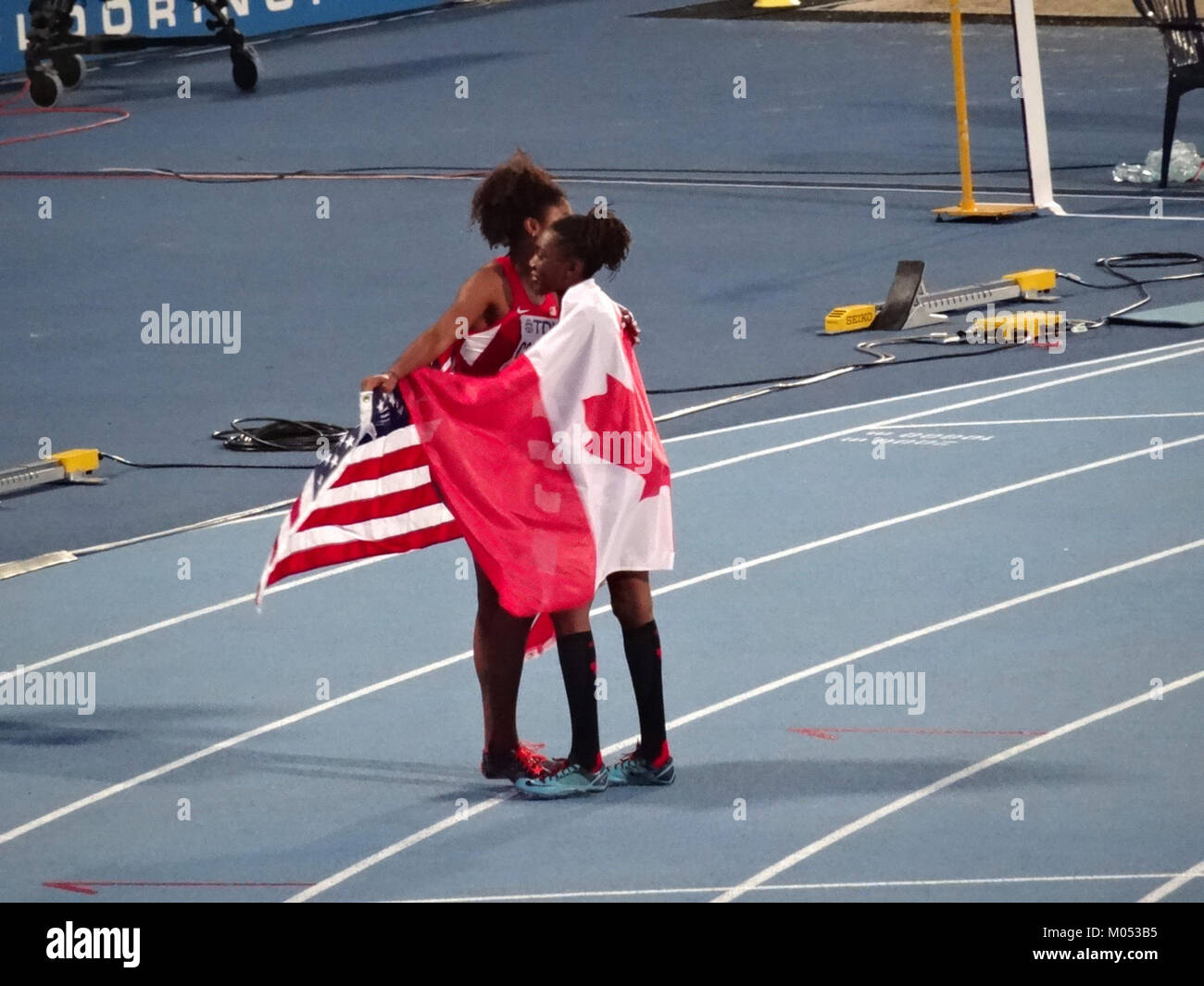 Das 400-m-Hürdenfinale der Frauen bei der IAAF U20-Weltmeisterschaft 2016 in Bydgoszcz stellte junge, talentierte Athleten auf hohem Niveau vor. Die Veranstaltung war ein bedeutender Moment in der internationalen Leichtathletik und zeigte zukünftige Stars der Leichtathletik hervor. Stockfoto