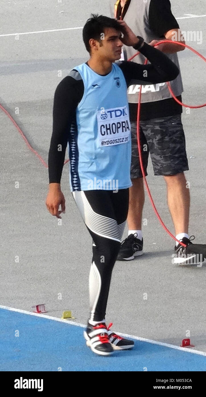 Bei den IAAF U20-Weltmeisterschaften 2016 in Bydgoszcz trat Neeraj Chopra, ein indischer Athlet, im Speerwurf an. Er wurde zu einer bemerkenswerten Persönlichkeit in der Leichtathletik und zeigte außergewöhnliche Talente. Stockfoto
