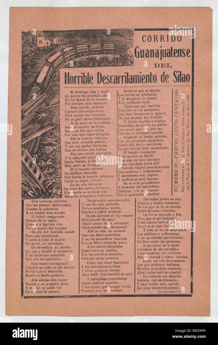 Ein Fernsehblatt aus dem frühen 20. Jahrhundert berichtet von einem verheerenden Zugunglück in Guanajuatense, Mexiko. Er beschreibt die Zerstörung der Eisenbahngleise und die Todesopfer, die durch die Tragödie verursacht wurden. Stockfoto
