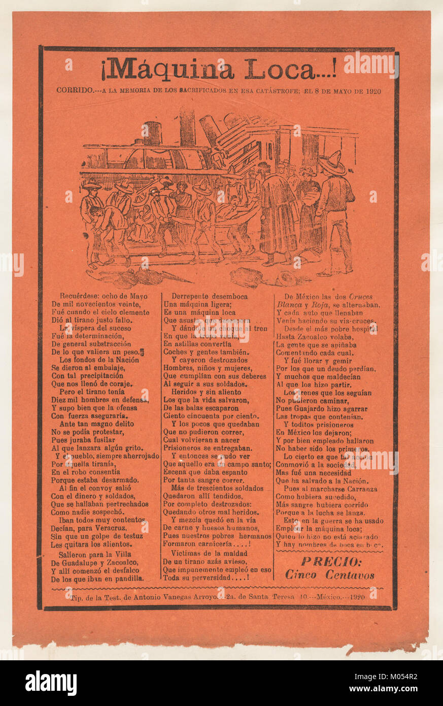 Dieses Blatt beschreibt einen tragischen Zugunfall und dokumentiert das Ereignis und die Bemühungen von Umstehenden, die Verletzten auf Bahren zu tragen. Stockfoto