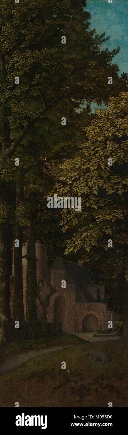 Dies bezieht sich auf die Außenseite des linken Flügels eines Triptychons mit einer Waldlandschaft, das im Rijksmuseum untergebracht ist. Das Triptychon ist Teil der Sammlung europäischer Kunst des Museums und zeigt detaillierte Waldszenen, die typisch für die Landschaftskunst dieser Zeit sind. Stockfoto
