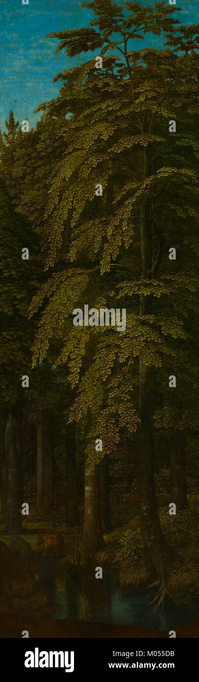 Dies ist der äußere Flügel eines Triptychons mit einer Waldlandschaft, das sich im Rijksmuseum befindet. Das Kunstwerk ist Teil der Sammlung europäischer Gemälde des Museums und zeigt feine Details und Landschaften. Stockfoto