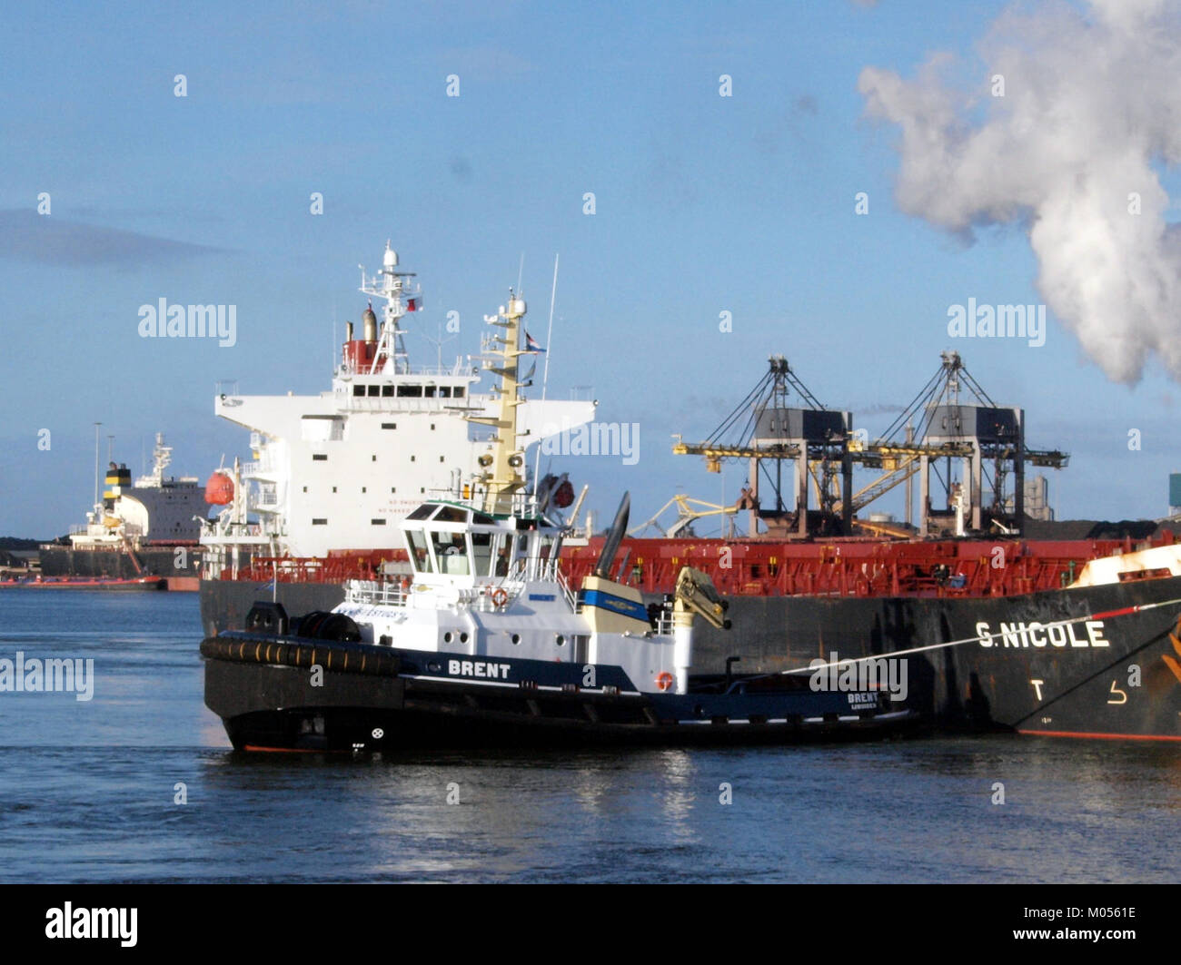 Die Brent, ein Schiff der IMO 9507051, ist in IJmuiden in den Niederlanden, einem bemerkenswerten Hafengebiet, abgebildet. Dieses Bild zeigt das angedockte Schiff und zeigt den Seeverkehr und die Hafenanlagen. Stockfoto