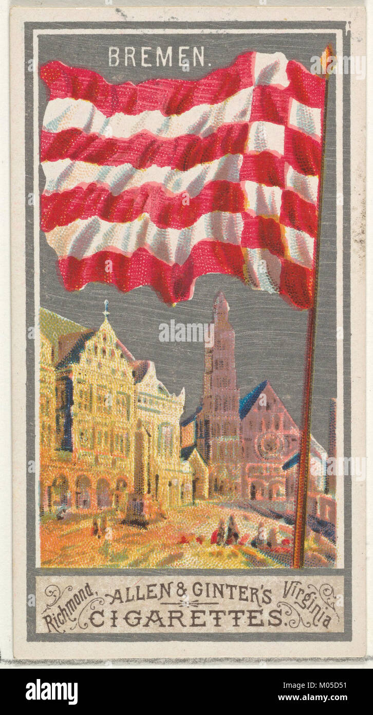Die Bremer Flagge, wie sie in der Serie City Flags von Allen & Ginter Cigarettes Brands dargestellt ist, repräsentiert die deutsche Stadt Bremen. Das Design unterstreicht wichtige Elemente der historischen und kulturellen Identität Bremens, die in der Sammlerserie zu sehen sind. Stockfoto