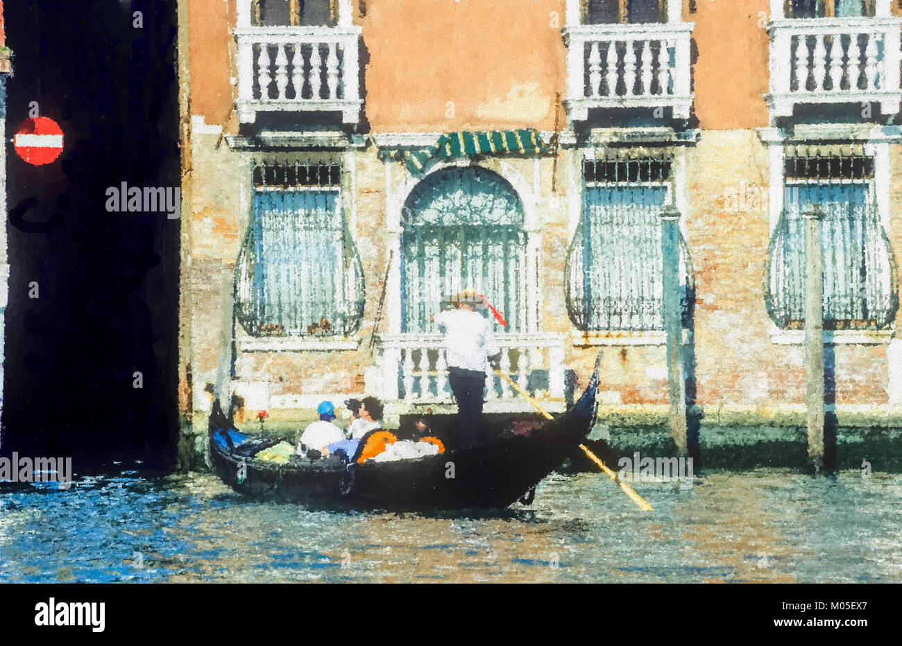 Gondoliere nimmt Passagiere auf Gondila Fahrt entlang der Kanäle in Venedig.. Stockfoto