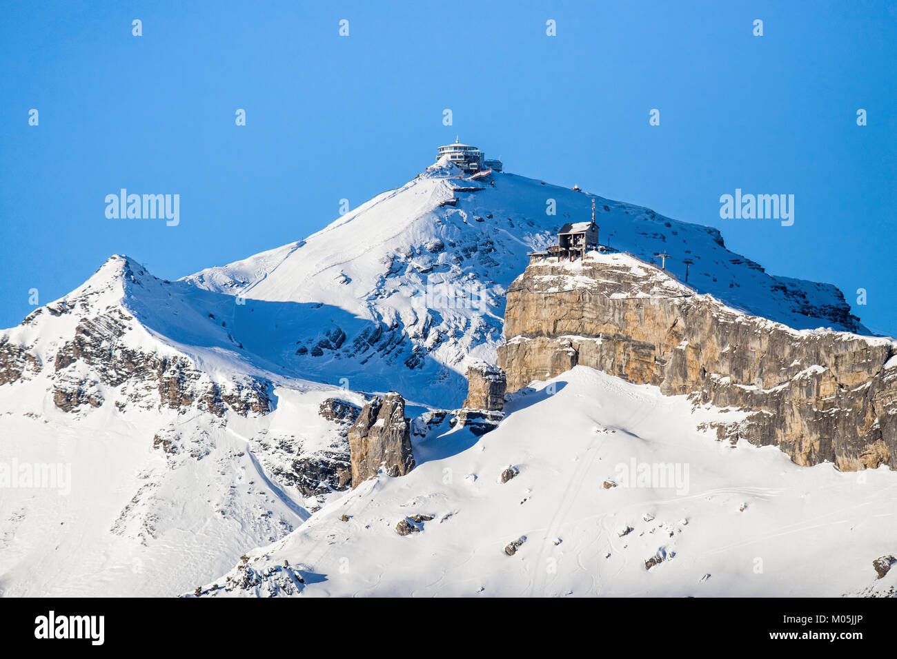 Blick auf das Skigebiet Jungfrau Wengen in Schweiz Stockfoto