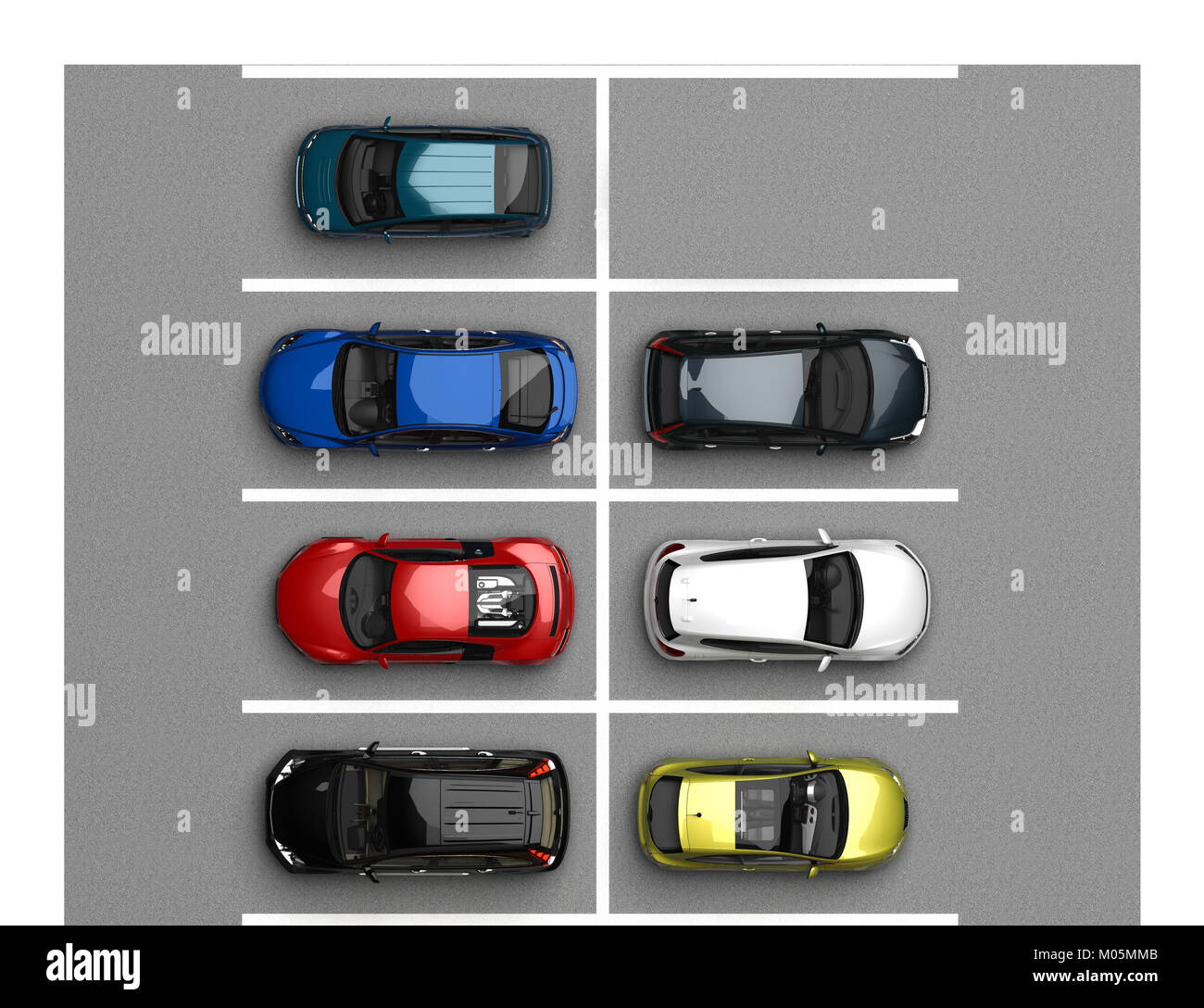 Teil Parkplätze mit Autos Ansicht von oben. 3D-Rendering Stockfoto