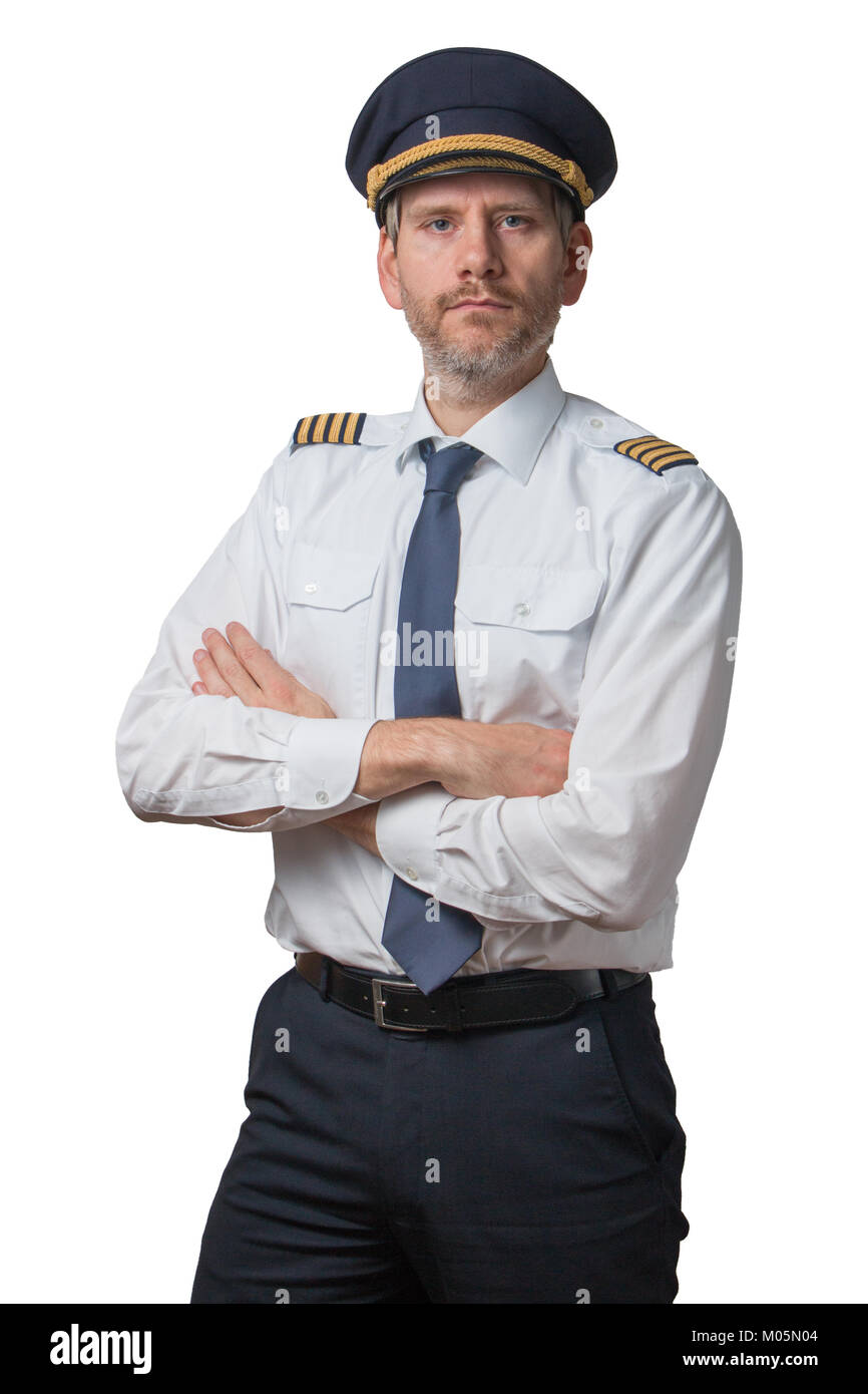 Pilotprojekt in Captain Uniform mit 4 goldenen Streifen und Kappe, verschränkte die Arme Stockfoto