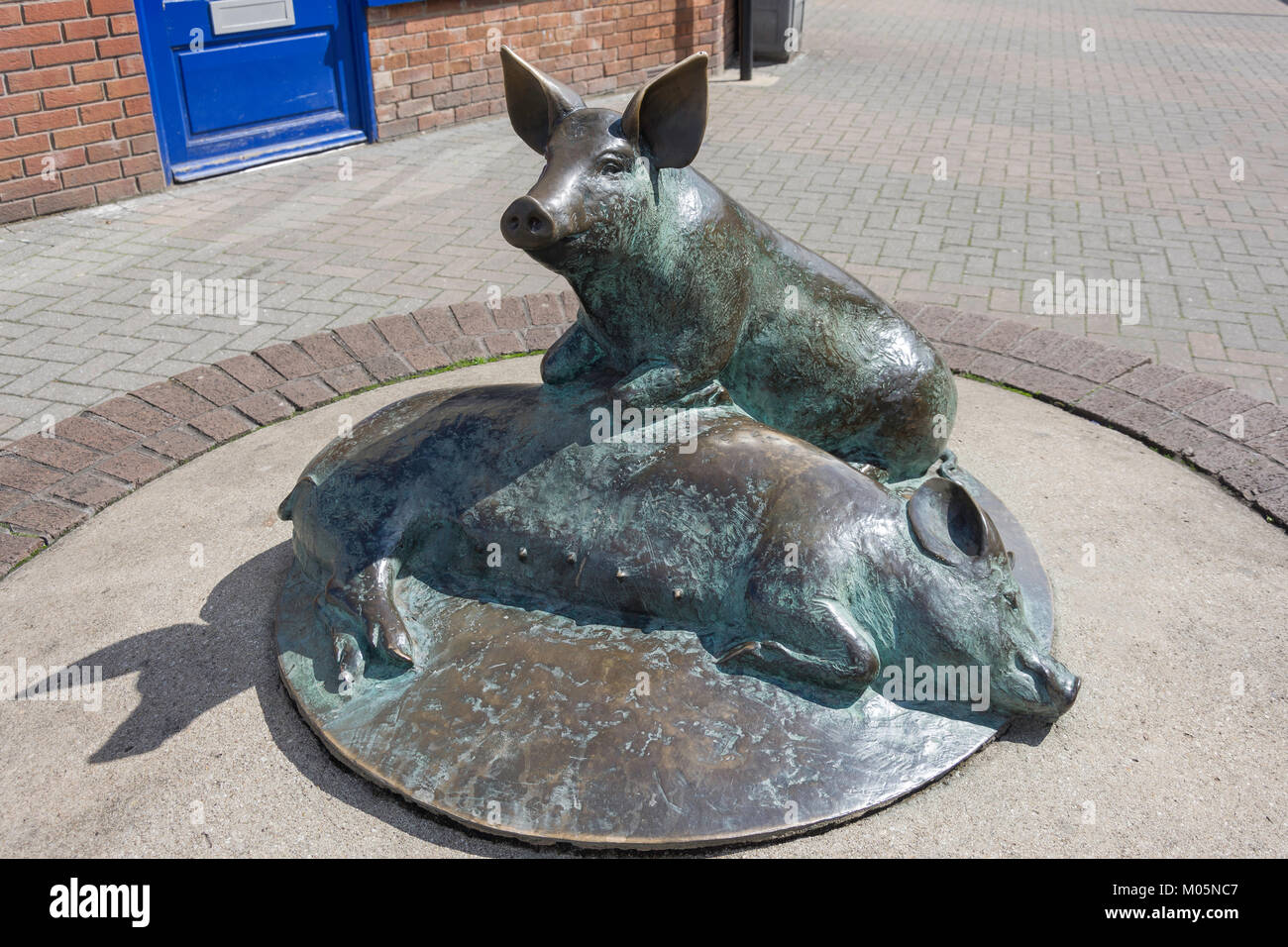 Schwein Bronze Skulptur in Calne Wiltshire feiern - Schinken Industrie der Stadt, Phelps Parade, Calne, Wiltshire, England, Vereinigtes Königreich Stockfoto