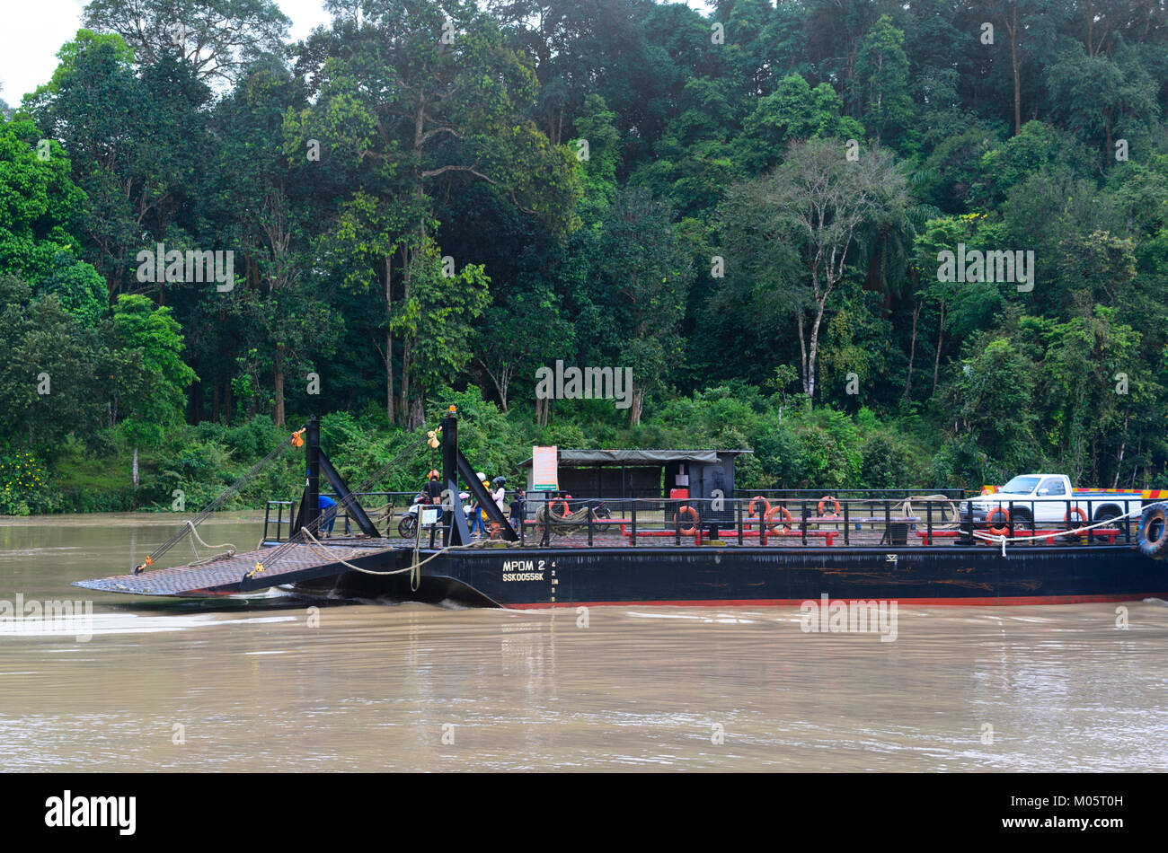 Fähre Transport Autos auf dem kinabatangan Fluss, Sukau Kinabatangan, Borneo, Sabah, Malaysia Stockfoto